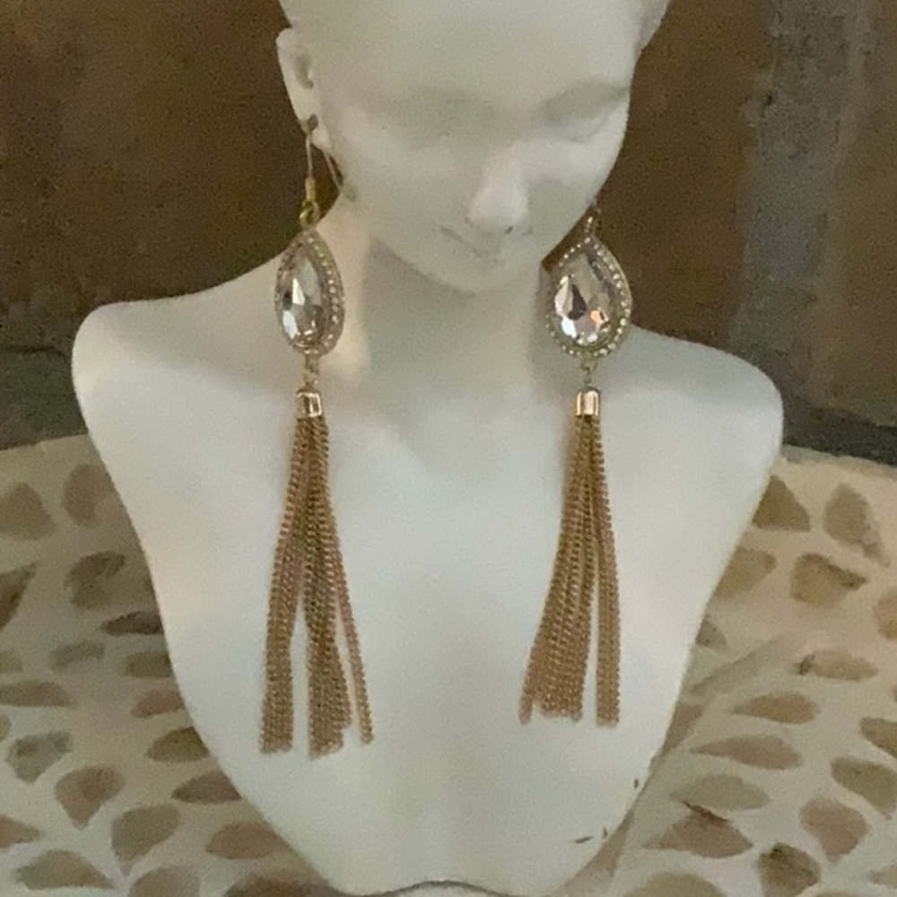 Gold Tassel Rhinestone Dangle Earrings
